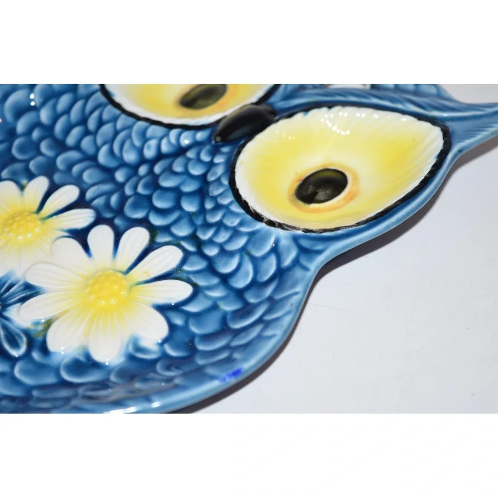 Vtg MCM Ceramic Owl with Retro Flower Spoon Rest Wall Hanging Blue yellow